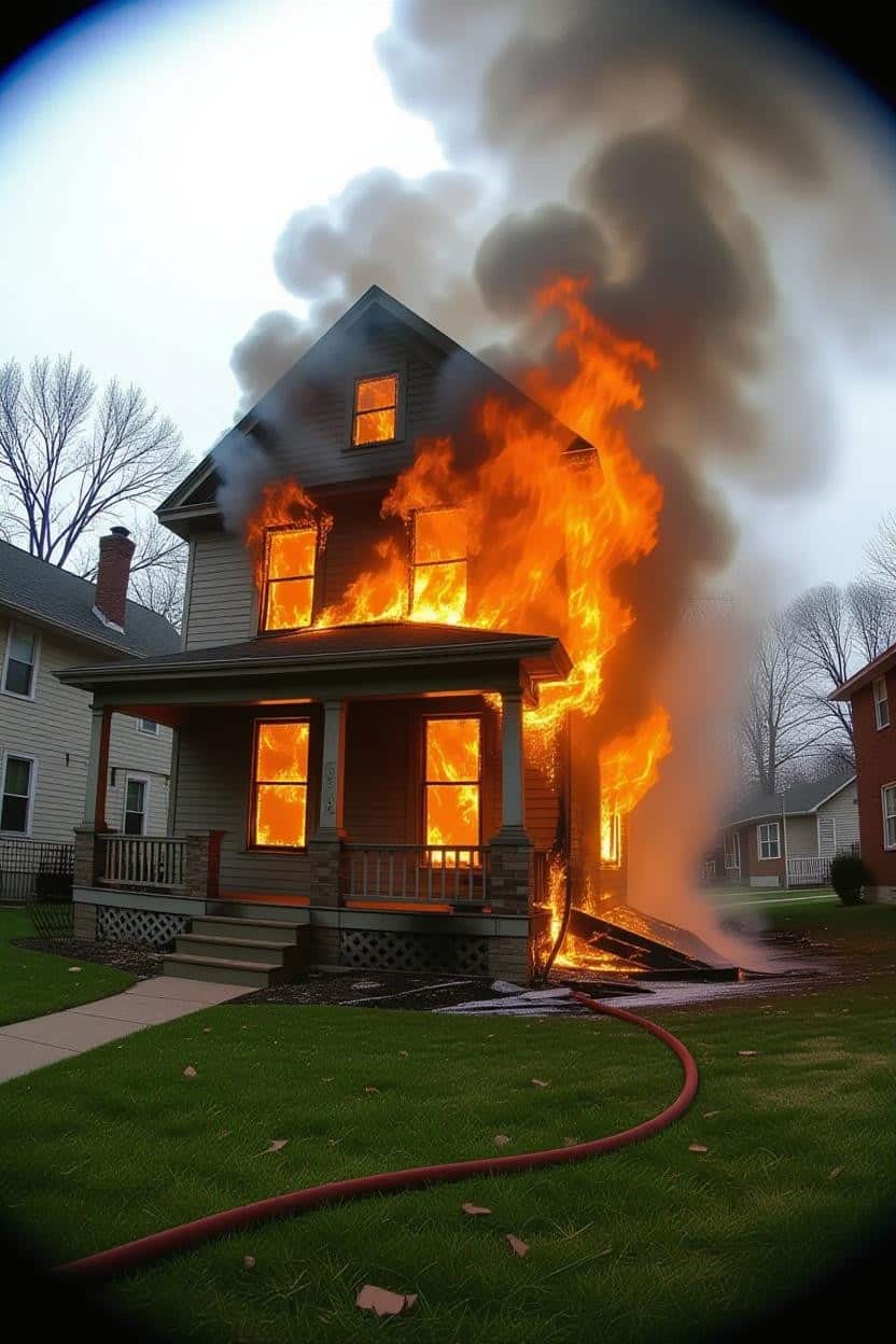 An image shows a two-story residential house engulfed in flames. Flames are bursting out of multiple windows on the first and second floors, and dark smoke billows from the structure. A red fire hose is visible on the green lawn in front of the burning house. The scene is set in a neighborhood under a gray, overcast sky.