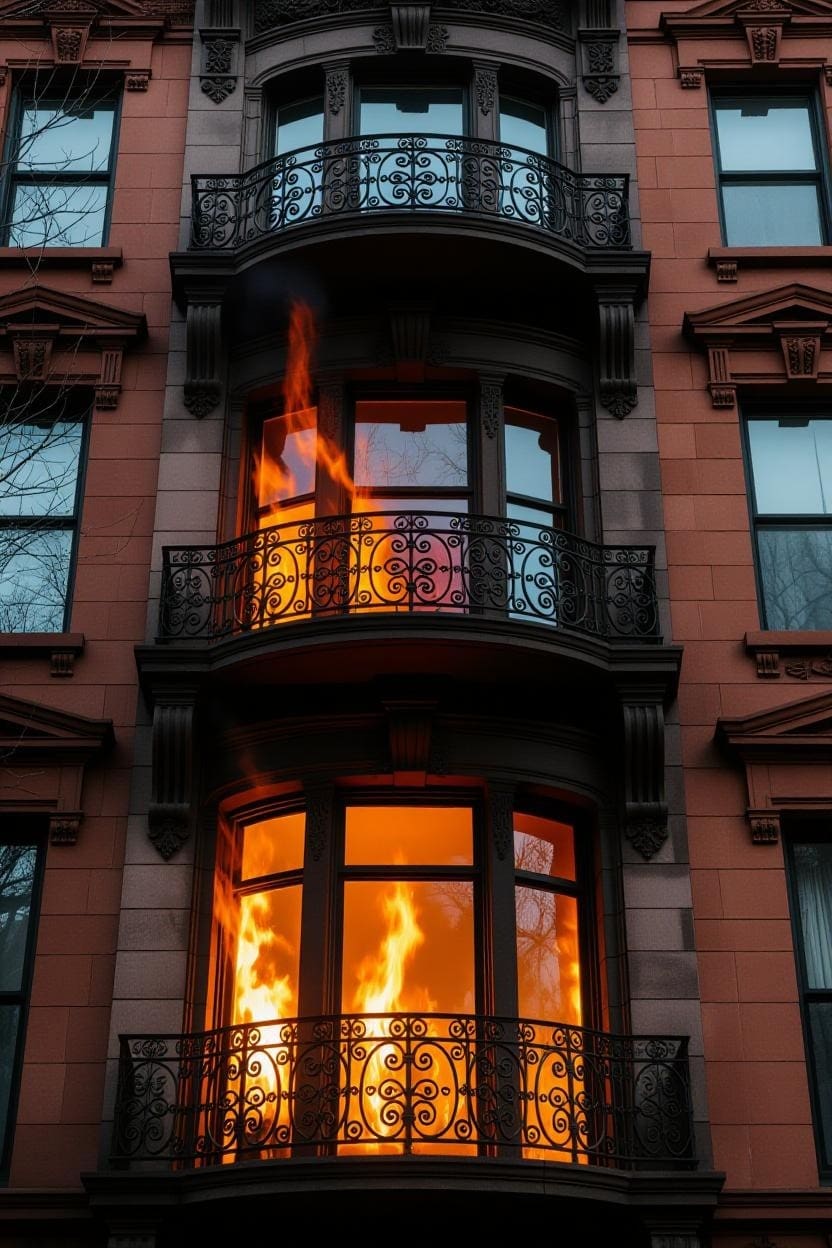A red brick building with large flames visible through the windows on two different floors.