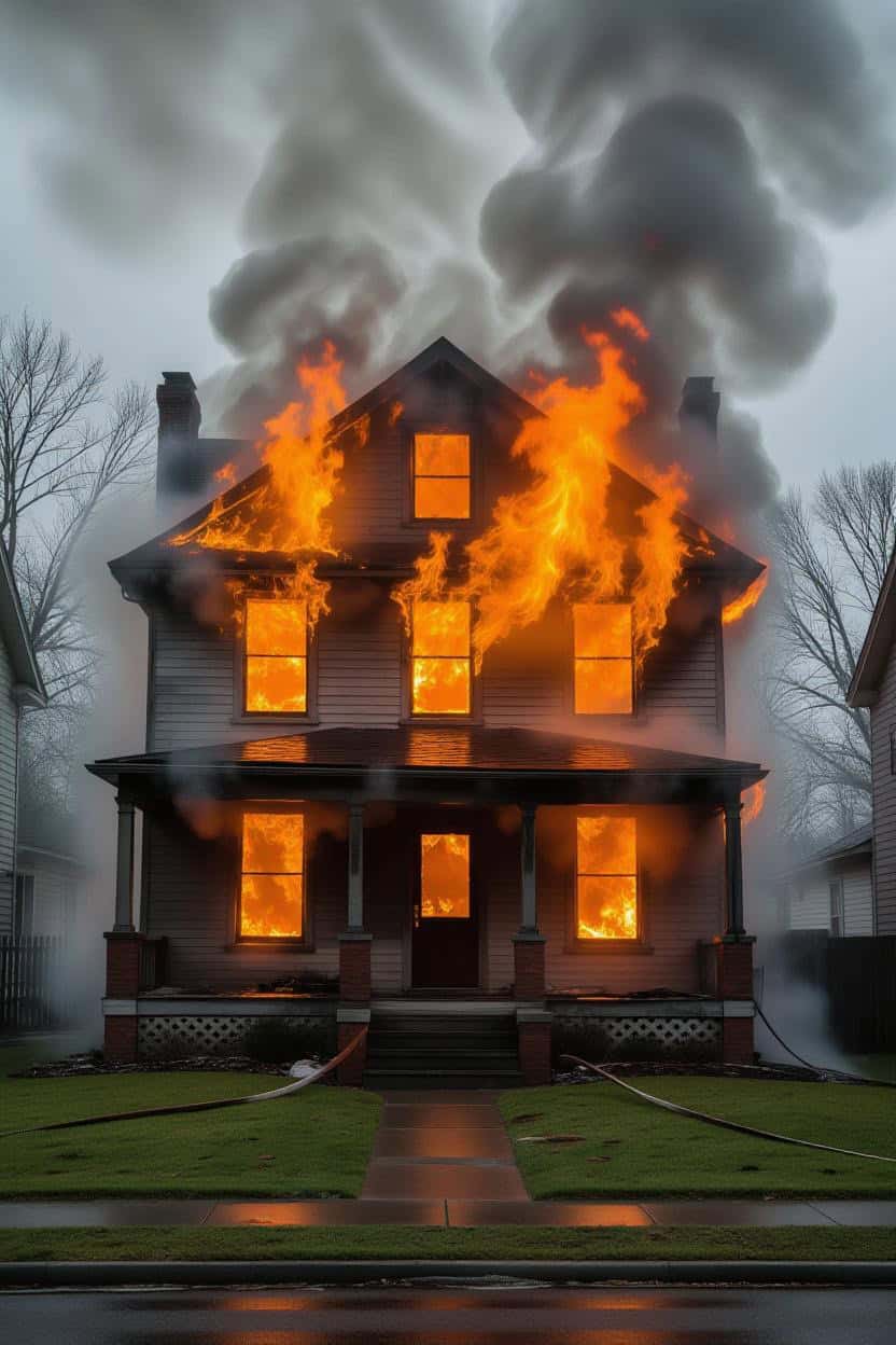 A two-story house is fully engulfed in intense orange flames with dark smoke billowing into a gray sky. Good alt text is grammatically correct and describes the image concisely for accessibility purposes.