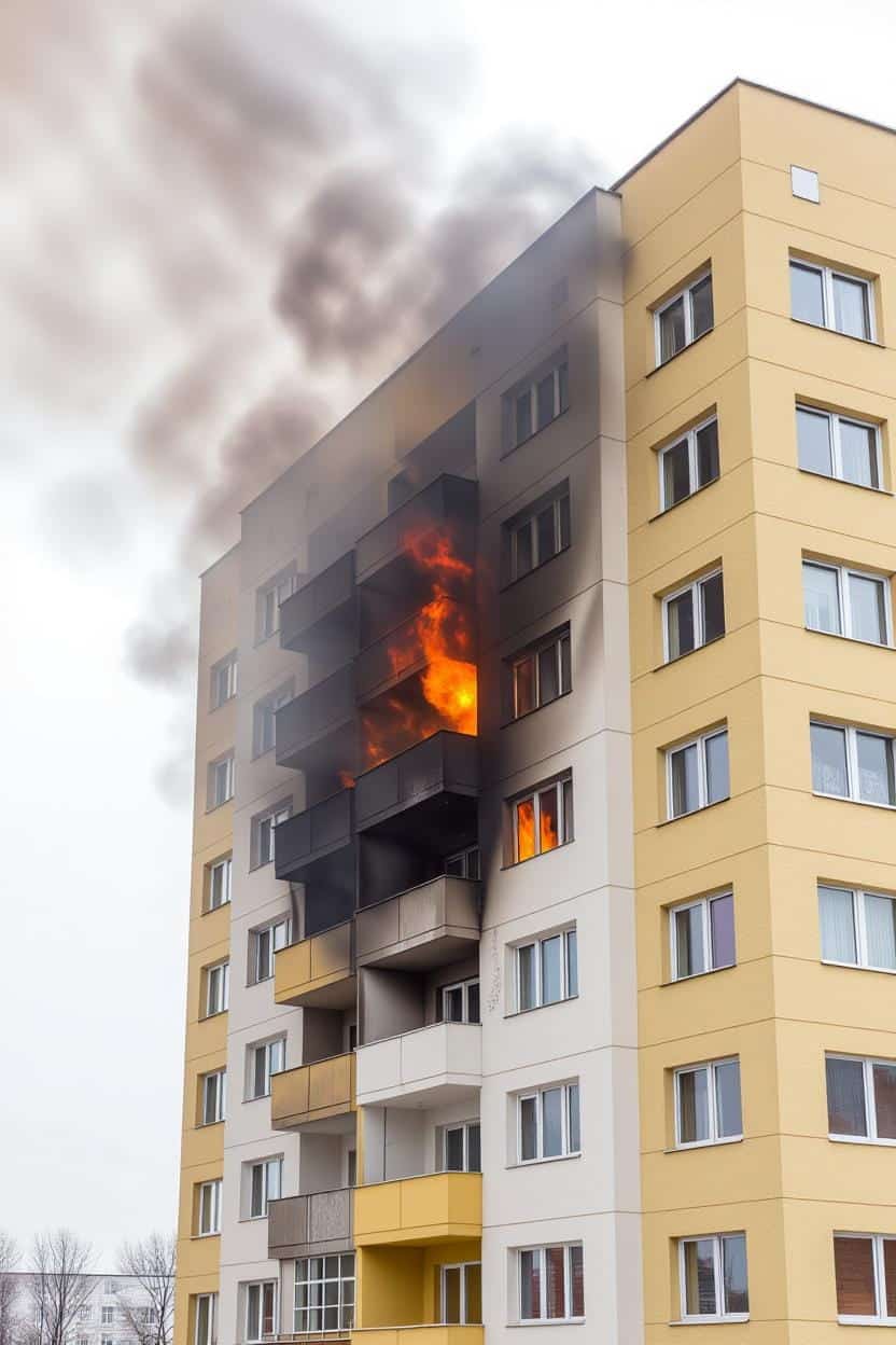 A high-rise apartment building with a major fire on the 11th floor, showing bright orange flames and thick black smoke billowing into the sky.